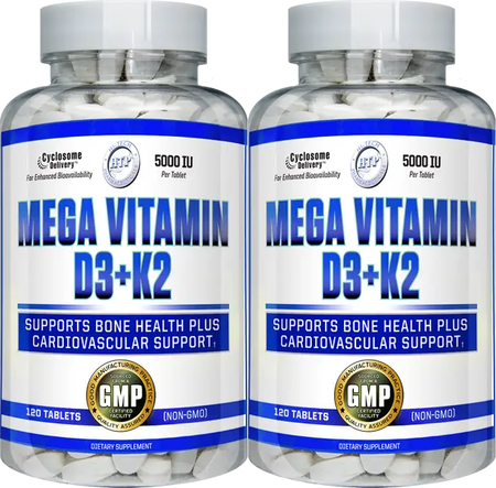 Hi Tech Pharmaceuticals Mega Vitamin D3 + K2 - 2 x 120 Tablet Bottles TWINPACK