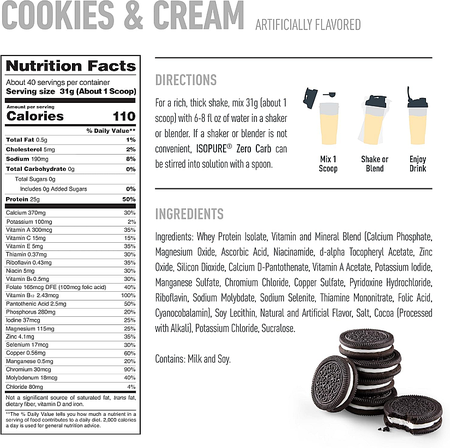 Isopure Zero Carb 100% Isolate Whey Protein  Cookies & Cream - 3 Lb