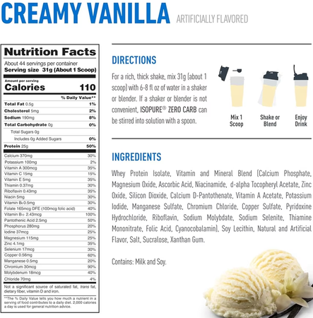 Isopure Zero Carb 100% Isolate Whey Protein  Creamy Vanilla - 3 Lb