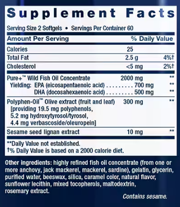 Life Extensions Super Omega-3 EPA/DHA Fish Oil, Sesame Lignans & Olive Extract - 2 x 120 Softgels TWINPACK