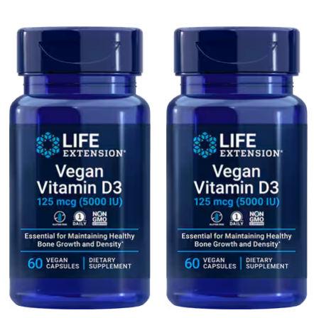 Life Extension Vitamin D3 Vegan, 125 mcg (5000 IU) - 120 Sofgels (2 x 60 Softgel Bottles)  TWINPACK