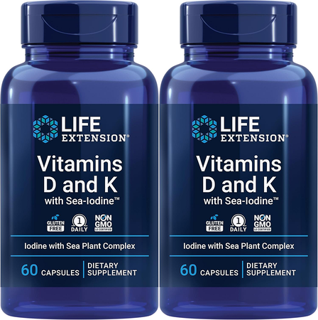 Life Extension Vitamins D and K with Sea-Iodine - 2 x 60 Capsule Bottles TWINPACK