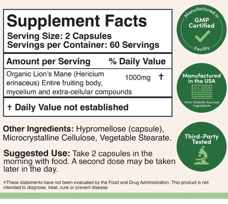 Double Wood Supplements Lion's Mane Mushroom - 2 x 120 Capsule Bottles TWINPACK