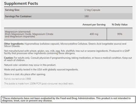 Now Foods Magnesium 400 Mg (From Magnesium Oxide, Citrate and Aspartate) - 180 Capsules