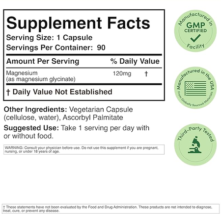 Double Wood Supplements Magnesium Glycinate Extra Strength - 2 x 90 Capsule Bottles TWINPACK