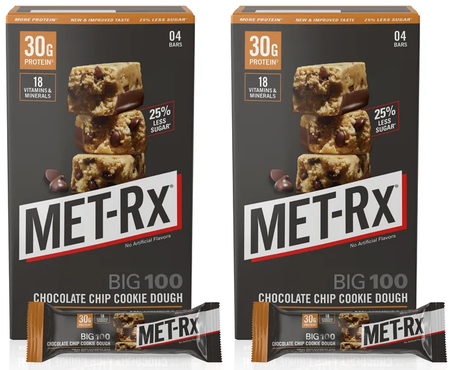 -Met-Rx Big 100 Bar Chocolate Chip Cookie Dough - 8 Bars (2 Boxes of 4 Bars)  TWINPACK