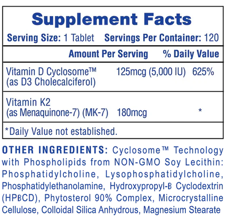 Hi Tech Pharmaceuticals Mega Vitamin D3 + K2  - 120 Tablets
