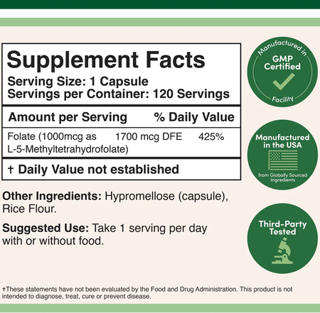Double Wood Supplements Methyl Folate 1000 Mcg  - 120 Capsules