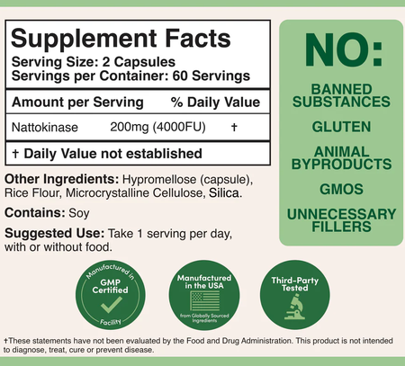 Double Wood Supplements Nattokinase 4,000FU (2000 FU/capsule)  - 120 Capsules