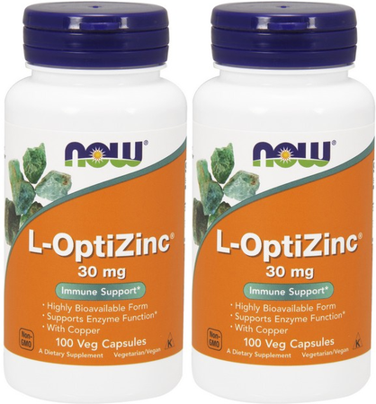 Now Foods L-OptiZinc 30 Mg - 2 x 100 Veg Capsule Bottles TWINPACK