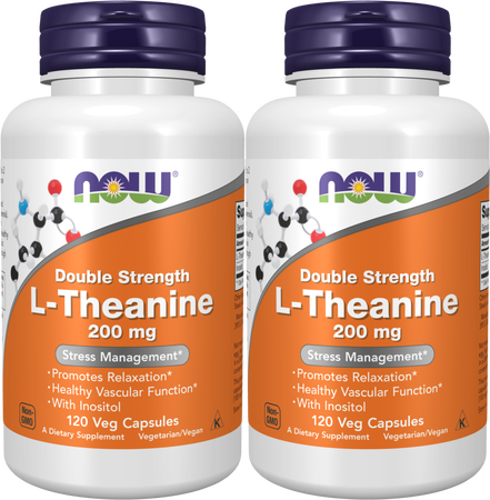 Now Foods L-Theanine 200 Mg - 2 x 120 Veg Capsule Bottles TWINPACK