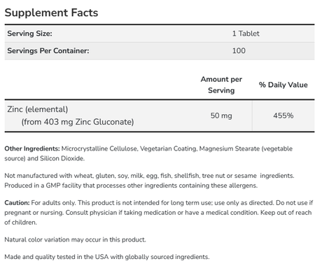 Now Foods Zinc Gluconate 50 Mg - 250 Tablets