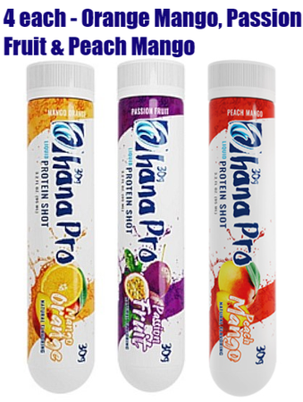Ohana Pro 30g Protein Shots Liquid Protein Mix (4 Peach Mango + 4 Orange Mango + 4 Passion Fruit) - 12 Tubes