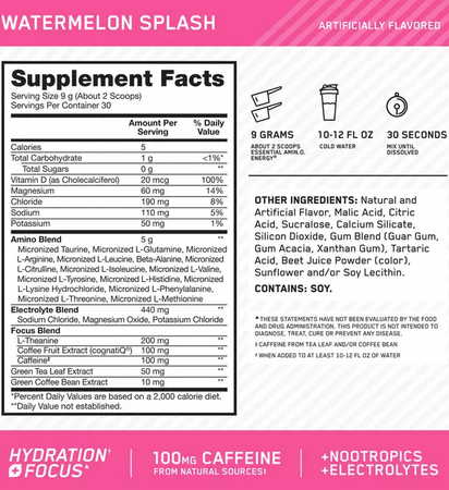 Optimum Nutrition Amino Energy Hydration + Focus  Watermelon Splash - 30 Servings