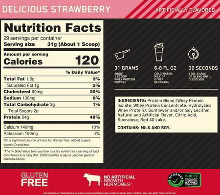 -Optimum Nutrition 100% Whey Gold Standard Strawberry  - 2 Lb (29 Servings)