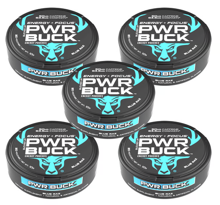 Bucked Up PWR Buck Energy Pouches  Blue Raspberry - 5 Tins/100 Servings Total