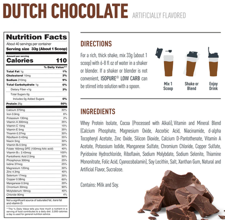 Isopure Low Carb 100% Isolate Whey Protein  Dutch Chocolate - 3 Lb