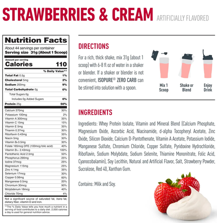 Isopure Zero Carb 100% Isolate Whey Protein  Strawberries & Cream - 3 Lb
