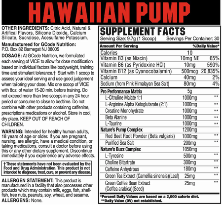 GCode Nutrition VICE: Ambitious Pre-Workout  Hawaiian Pump - 30 Servings