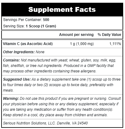 SNS Serious Nutrition Solutions Vitamin C Powder  - 500 Grams
