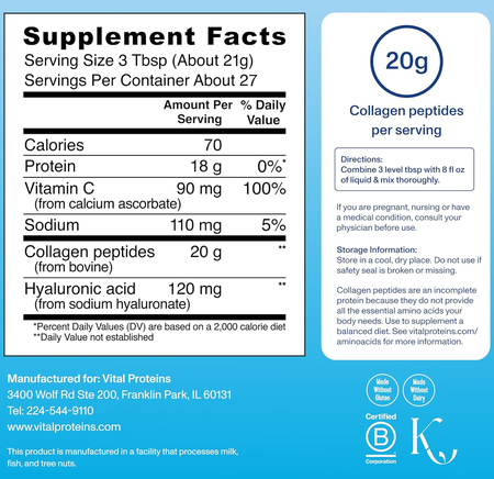 Vital Proteins Collagen Peptides Powder Advanced w/Hyaluronic Acid & Vitamin C  Unflavored - 27 Servings