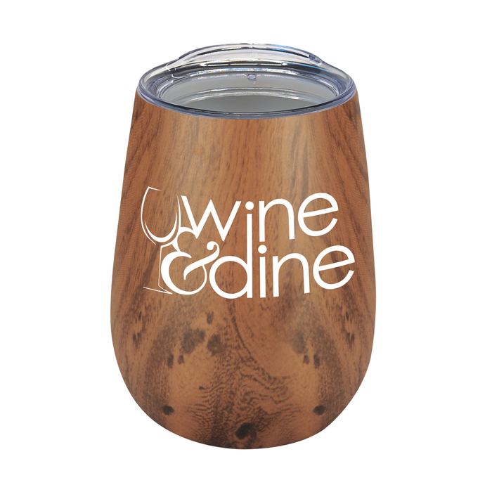 10 oz Vacuum Insulated Stainless Steel Wood Tone Stemless Wine Glass