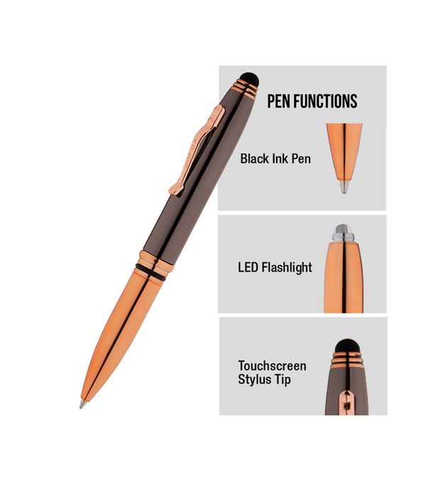 Crowne Triple Function Copper Lighted Pen with Stylus