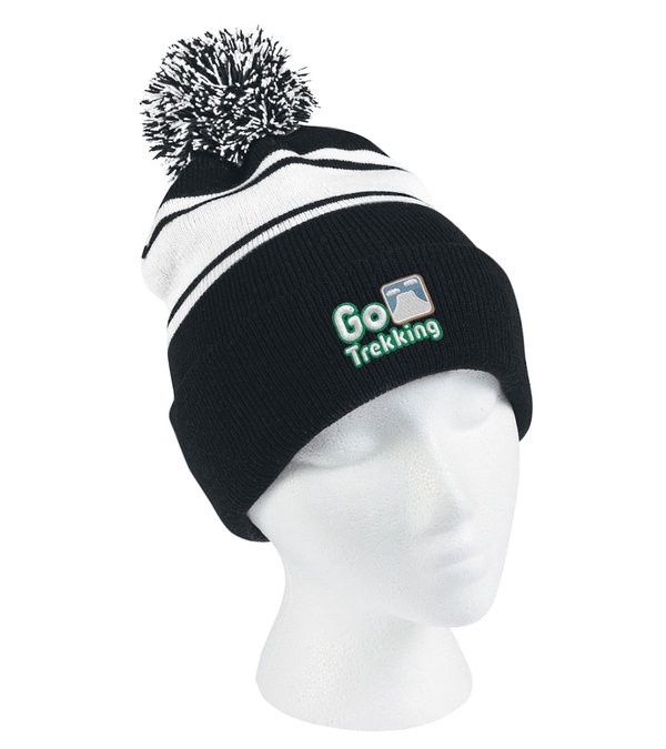 Two-Tone Knit Pom Beanie with Cuff - Embroidered