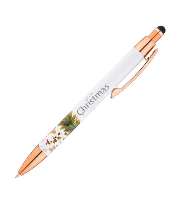 Festive Merry Christmas & Happy New Year Stylus Copper Pen - Full Color Imprint