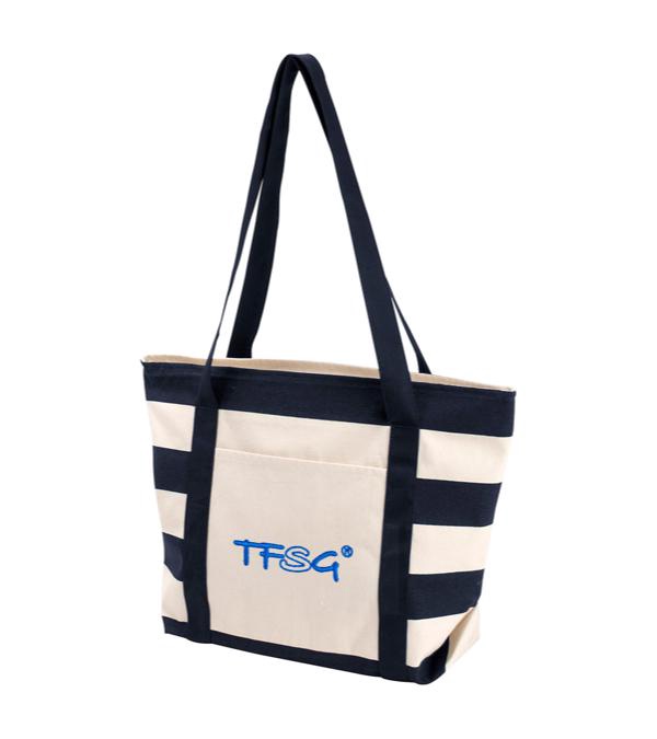 Striped Accent Boat Tote-Embroidered