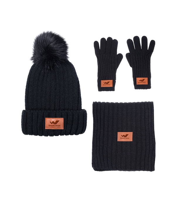 Leeman Three-Piece Rib Knit Fur Pom Winter Set
