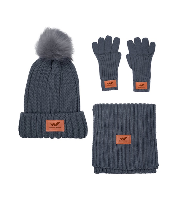 Leeman Three-Piece Rib Knit Fur Pom Winter Set