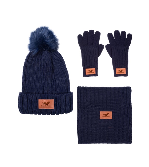 Leeman Three-Piece Rib Knit Fur Pom Winter Set
