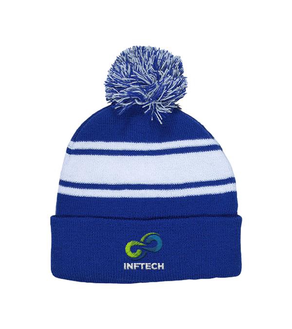 Knit Beanie With Pom Pom - Embroidered