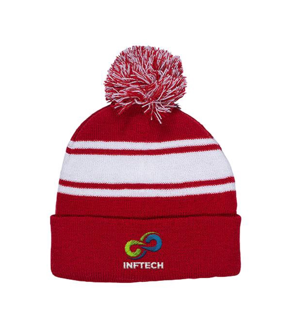 Knit Beanie With Pom Pom - Embroidered
